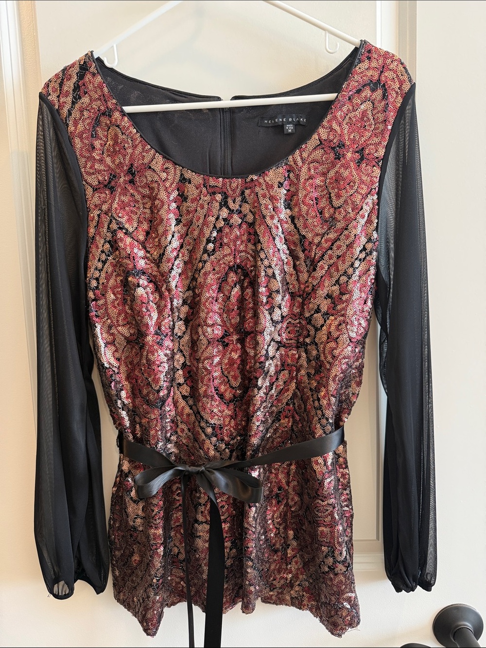Sequin Jacquard Long Sleeve Dress with Black Sheer Sleeves